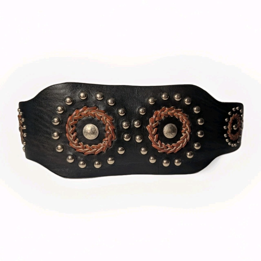 Handmade Coin Concho Waist Belt Buffalo Nickel Studded Black Leather Biker Women